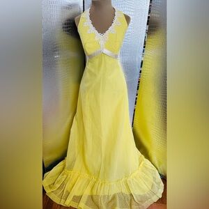 Yellow Polka Dot Dotted Swiss Vintage Halter Dress Vintage Maxi White Lace Trim